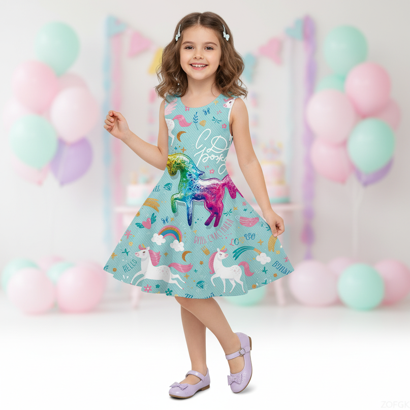 teal unicorn cartoon dress - front