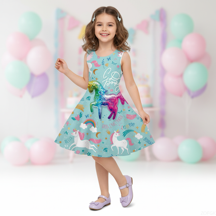 teal unicorn cartoon dress - front