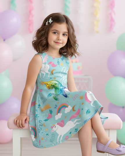 teal unicorn cartoon dress - sitting