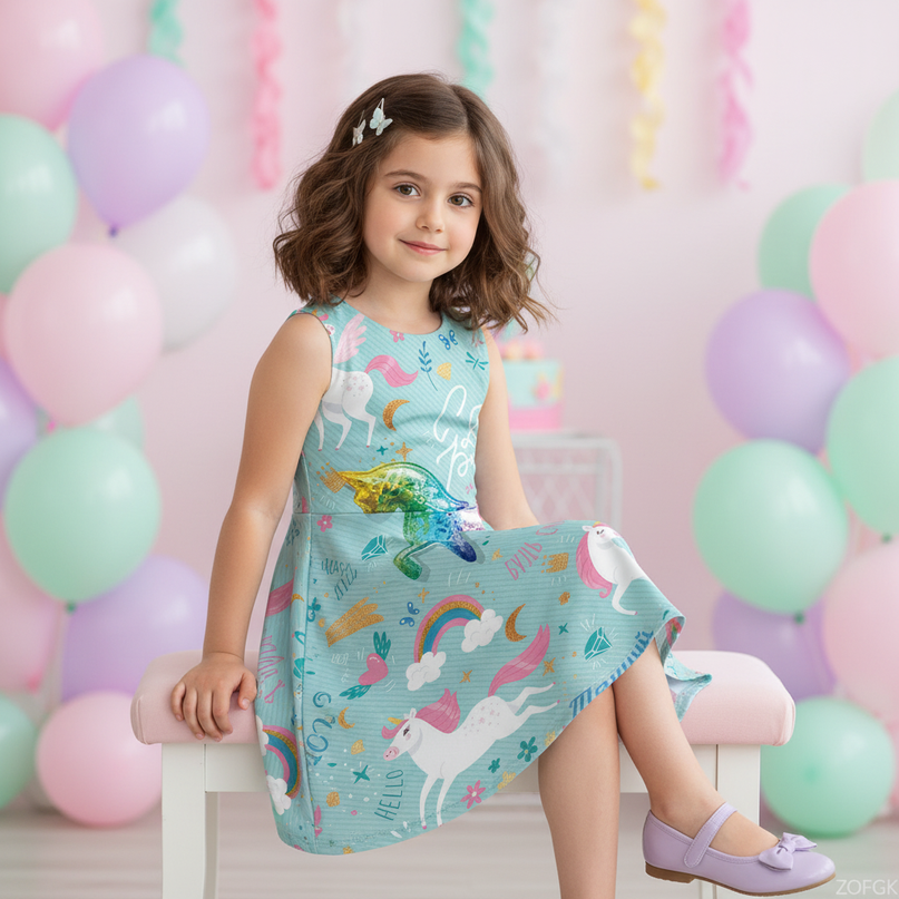 teal unicorn cartoon dress - sitting