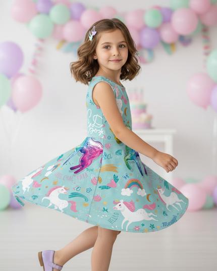 teal unicorn cartoon dress - three-quarter