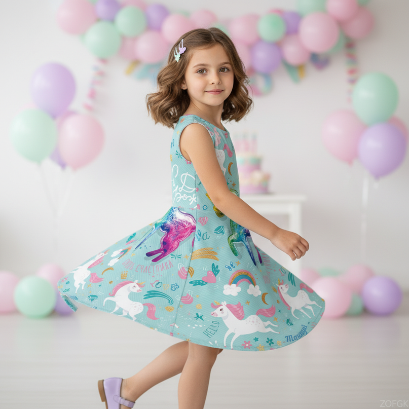 teal unicorn cartoon dress - three-quarter