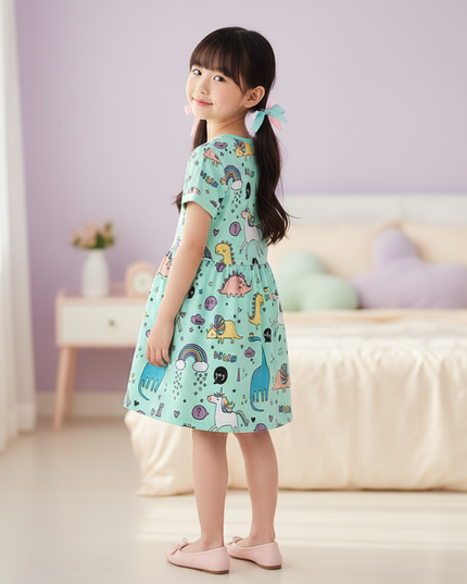teal unicorn dino dress - back