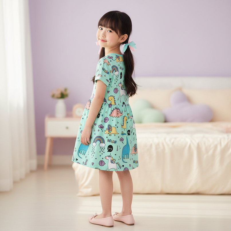 teal unicorn dino dress - back
