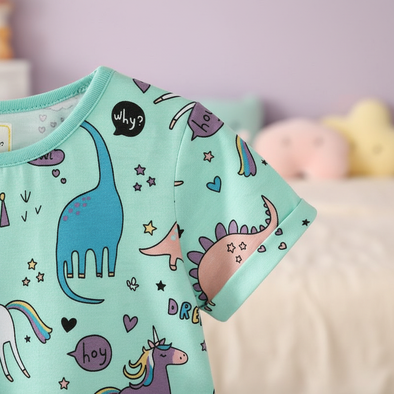 teal unicorn dino dress - detail