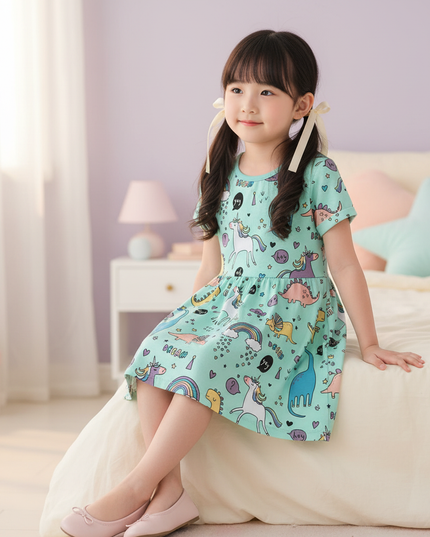 teal unicorn dino dress - sitting