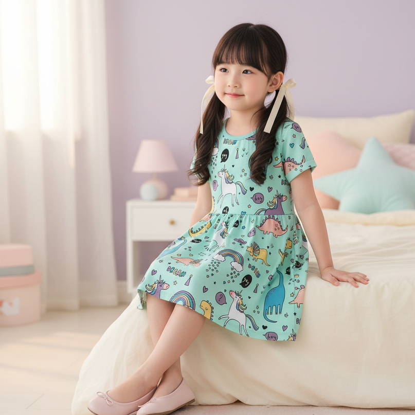 teal unicorn dino dress - sitting