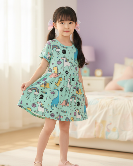 teal unicorn dino dress - three-quarter