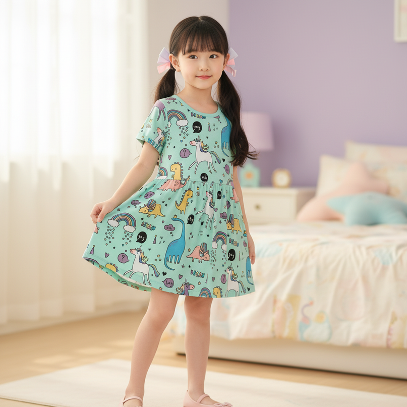 teal unicorn dino dress - three-quarter