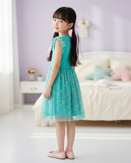 teal unicorn embroidery dress - back