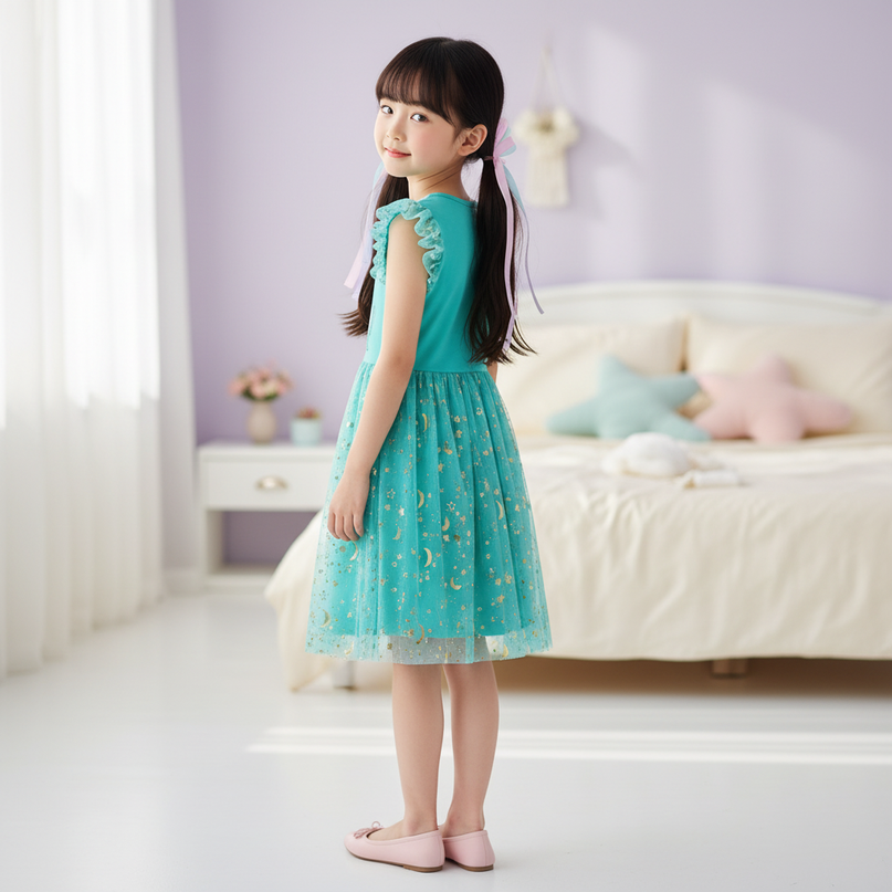 teal unicorn embroidery dress - back