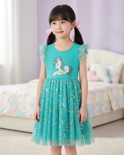 teal unicorn embroidery dress - detail