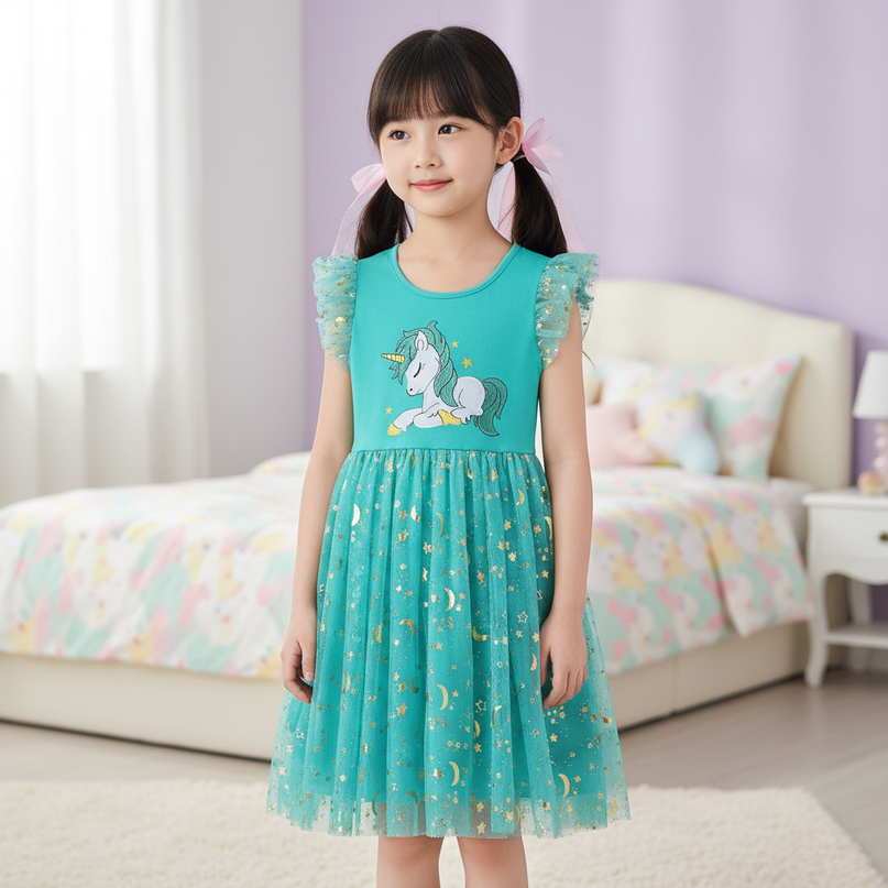 teal unicorn embroidery dress - detail