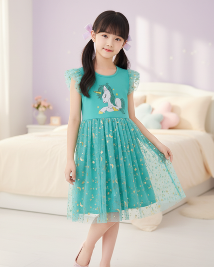 teal unicorn embroidery dress - front