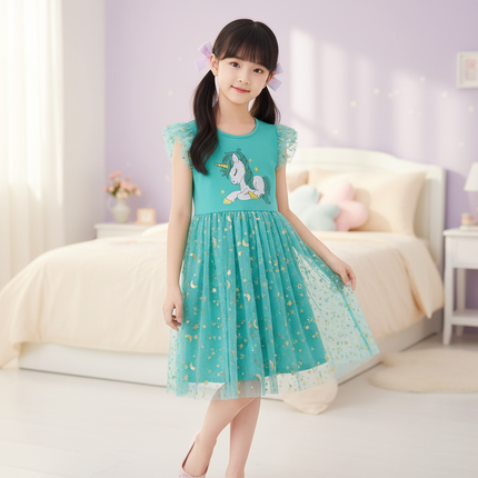 teal unicorn embroidery dress - front
