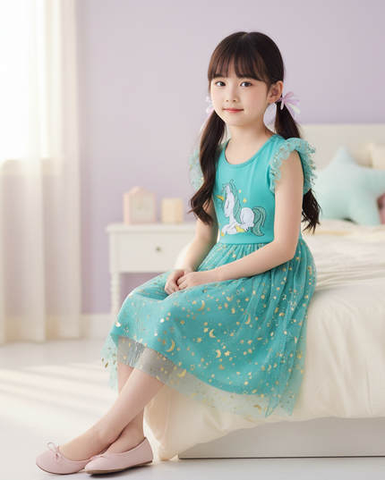teal unicorn embroidery dress - sitting