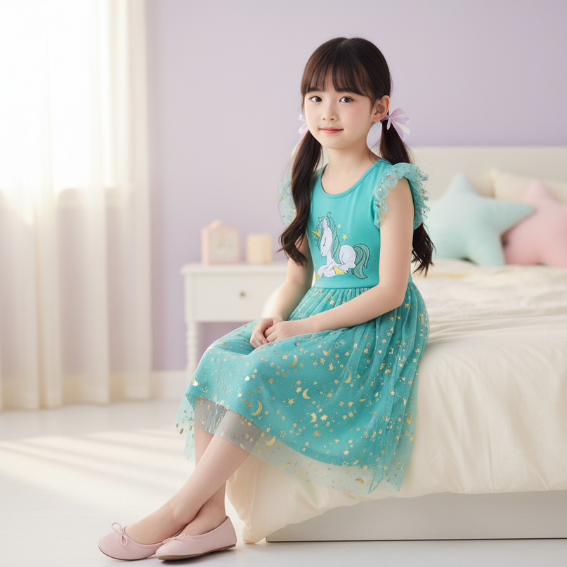 teal unicorn embroidery dress - sitting