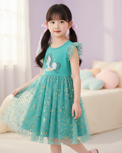 teal unicorn embroidery dress - three-quarter