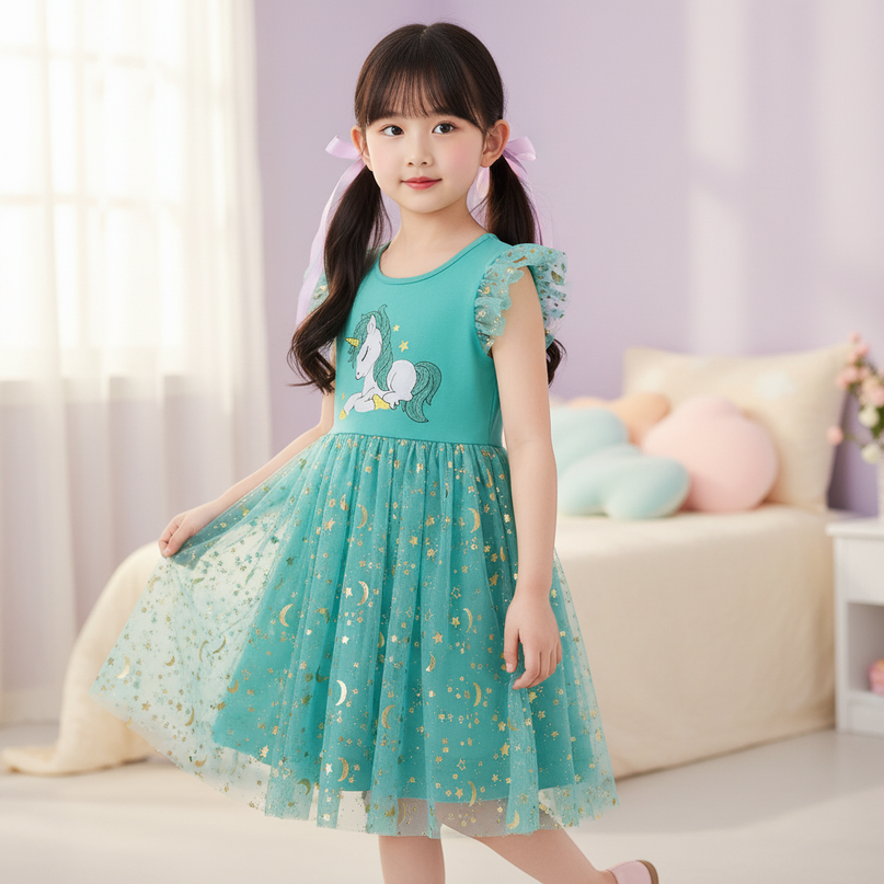 teal unicorn embroidery dress - three-quarter