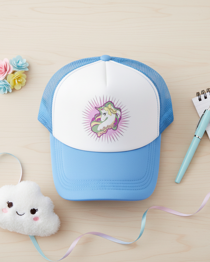 teal unicorn hat - flat-lay