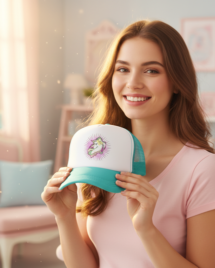 teal unicorn hat - in-use