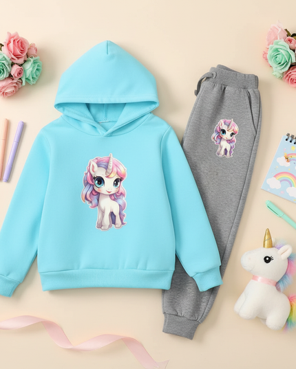 teal unicorn hoodie kids - flat-lay