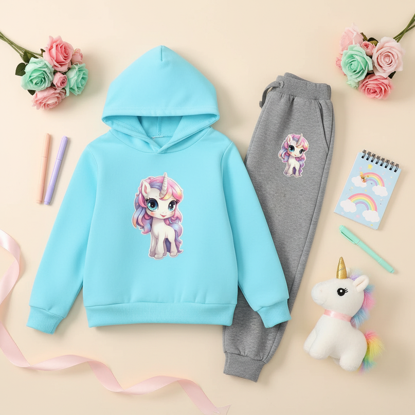 teal unicorn hoodie kids - flat-lay