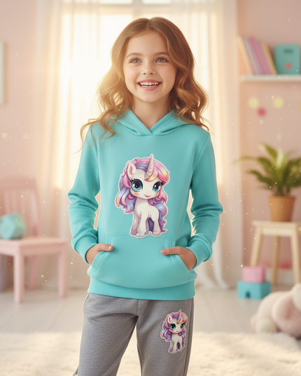 teal unicorn hoodie kids - in-use