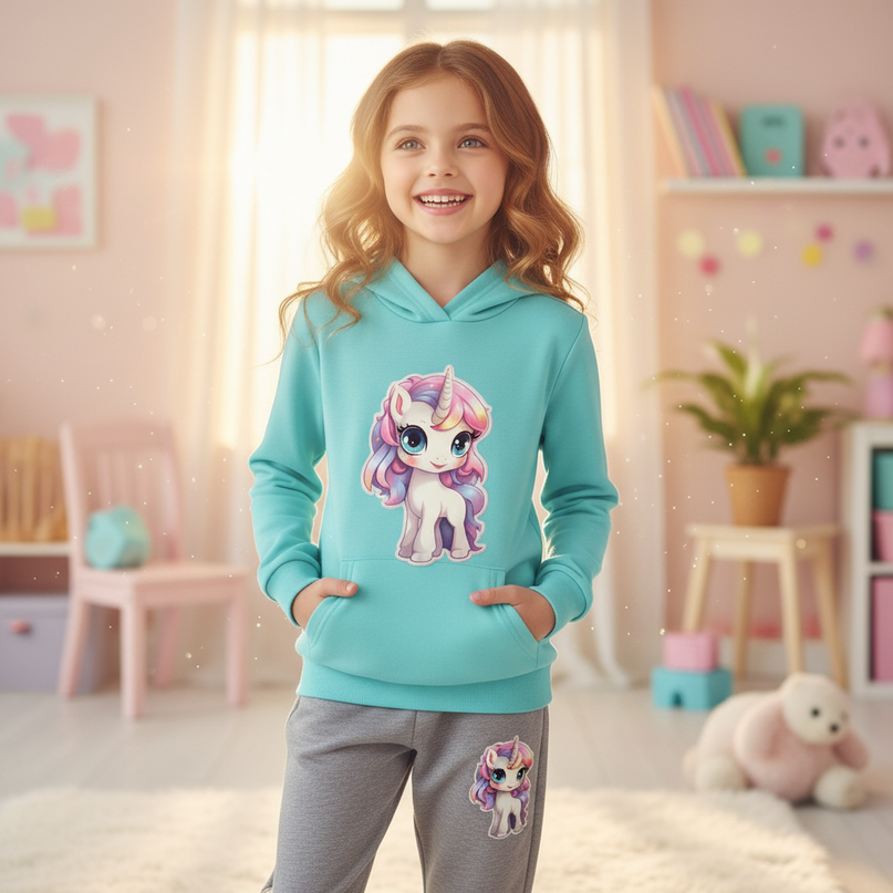 teal unicorn hoodie kids - in-use