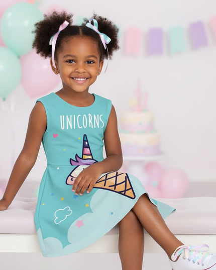 teal unicorn ice cream dress - sitting