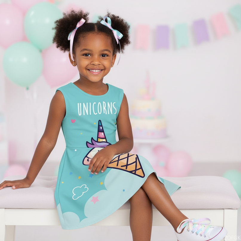 teal unicorn ice cream dress - sitting