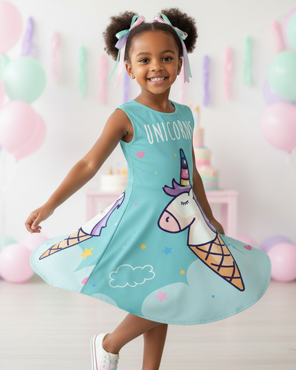 teal unicorn ice cream dress - three-quarter