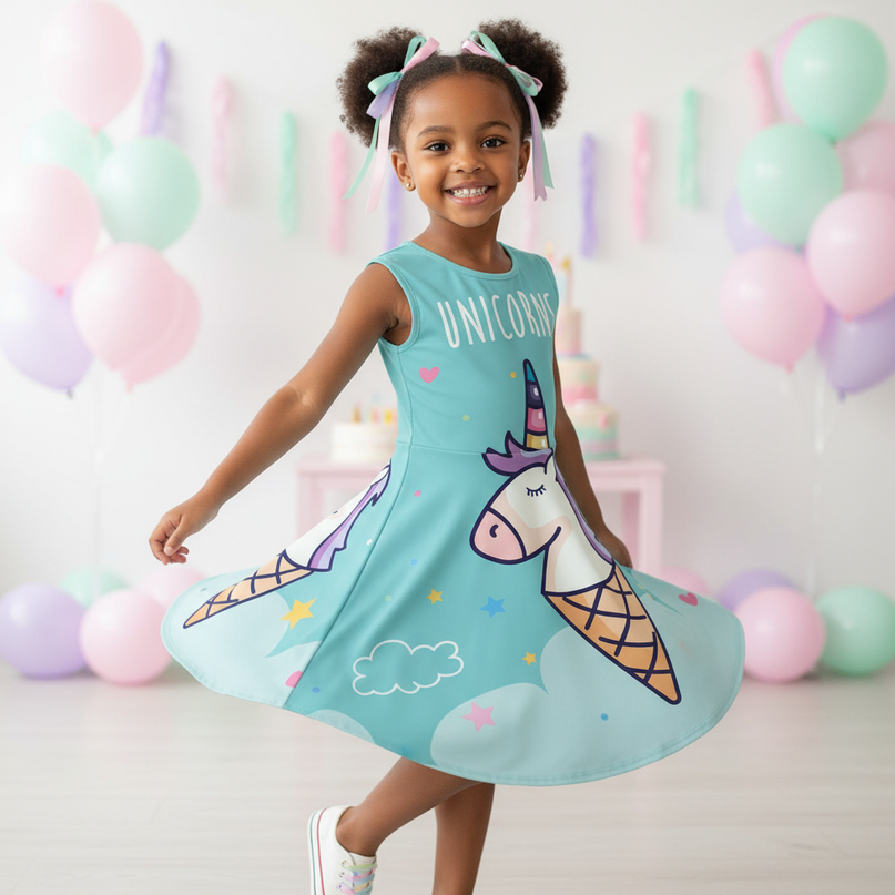 teal unicorn ice cream dress - three-quarter