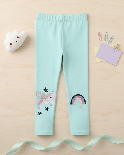 teal unicorn leggings - flat-lay