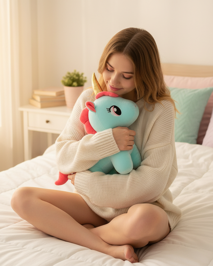teal unicorn plush - in-use