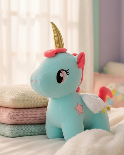 teal unicorn plush - lifestyle