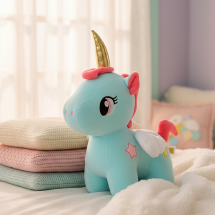 teal unicorn plush - lifestyle