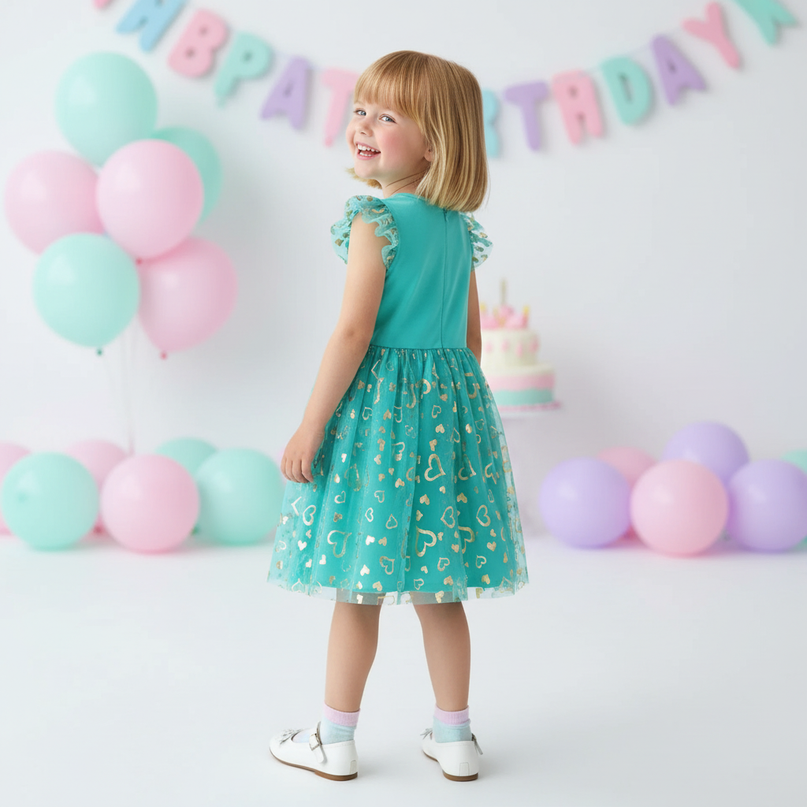 teal unicorn sequin heart dress - back