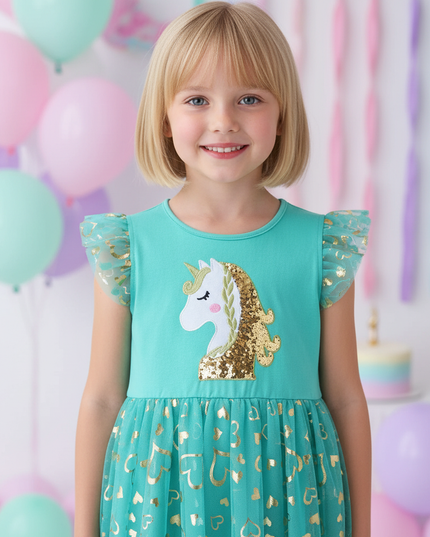 teal unicorn sequin heart dress - detail