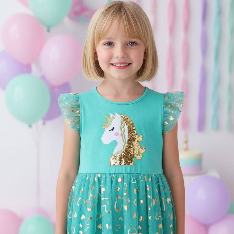 teal unicorn sequin heart dress - detail