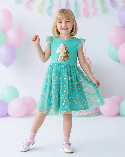 teal unicorn sequin heart dress - front