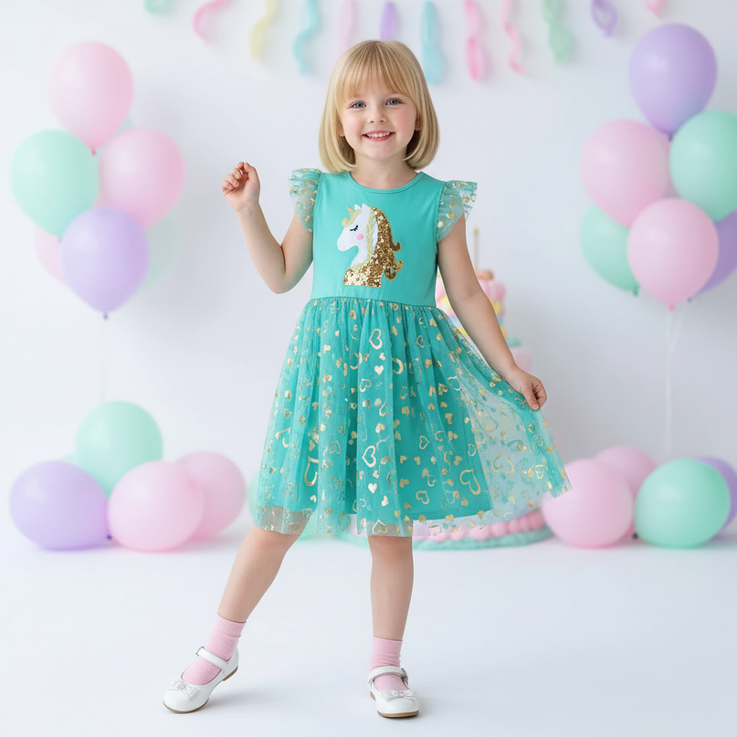 teal unicorn sequin heart dress - front