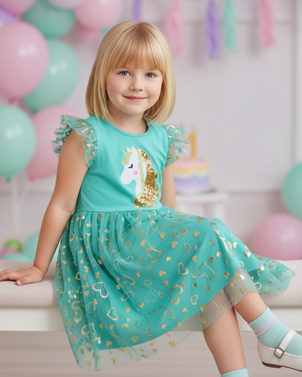 teal unicorn sequin heart dress - sitting