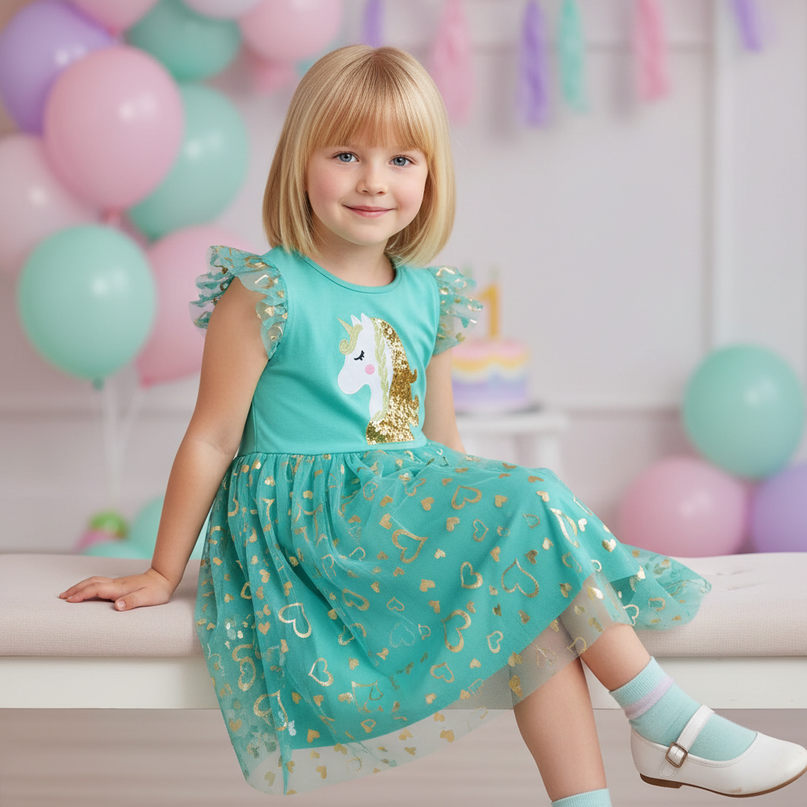 teal unicorn sequin heart dress - sitting