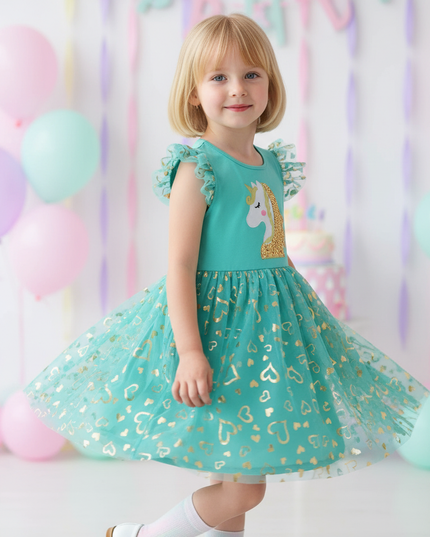 teal unicorn sequin heart dress - three-quarter