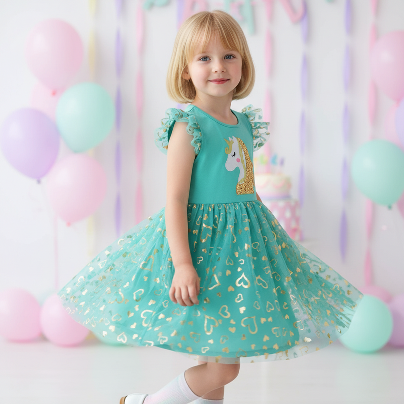 teal unicorn sequin heart dress - three-quarter