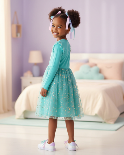 teal unicorn star moon dress - back