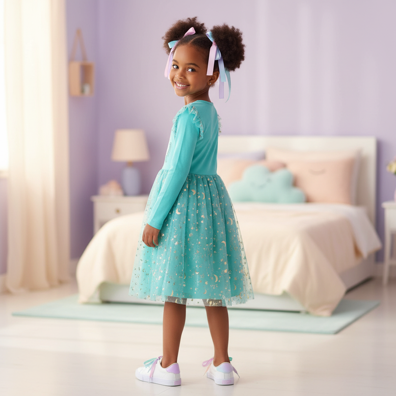 teal unicorn star moon dress - back