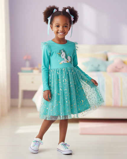 teal unicorn star moon dress - front