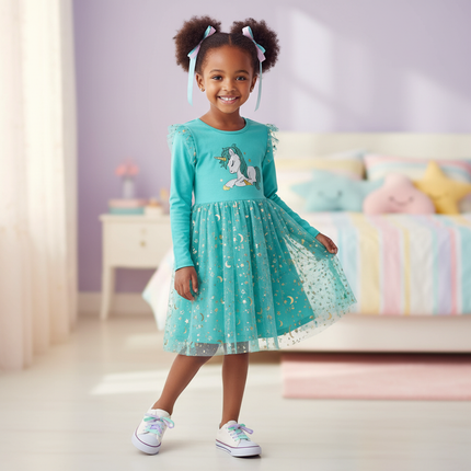 teal unicorn star moon dress - front